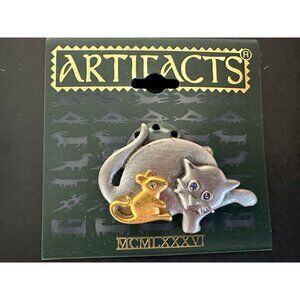 JJ Artifacts 1986 Silver Gold Tone Cat Mouse Blue Eyes Brooch Pin Vintage NEW